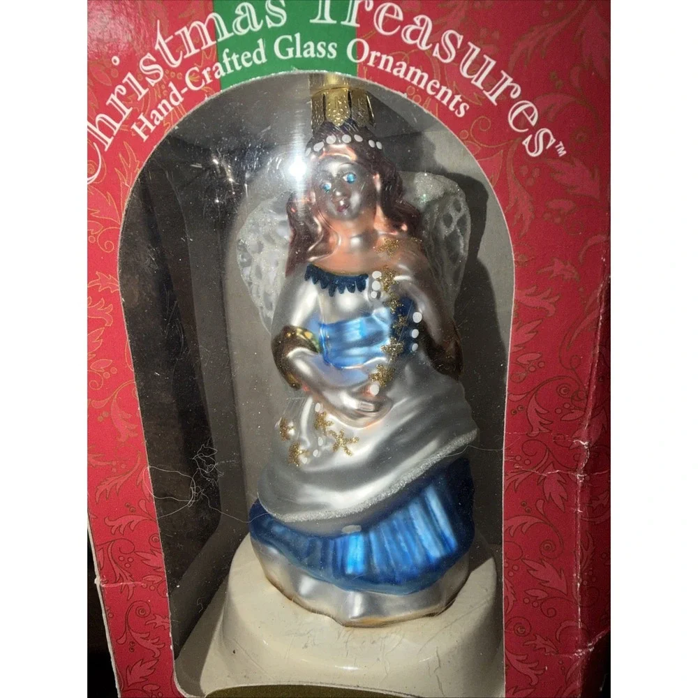 Vtg Brass Key Christmas Treasures Glass Angel Ornament Blue Gown Classic 2000